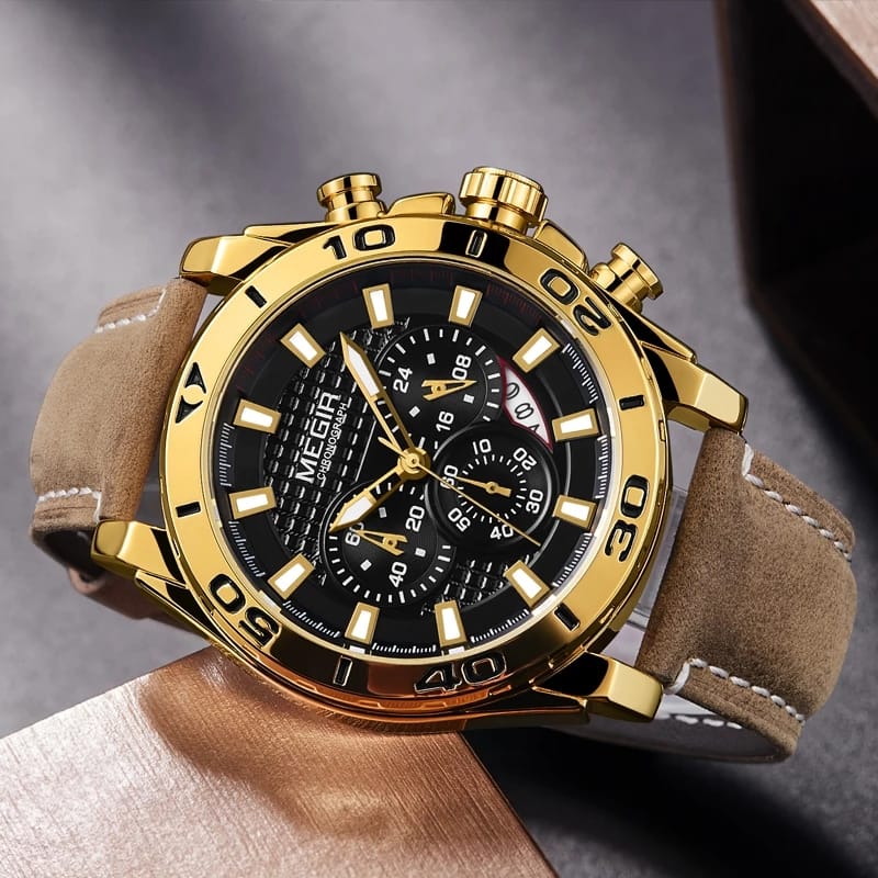 RELOJ MEGIR CUERO MARRÓN-DORADO MEG-28