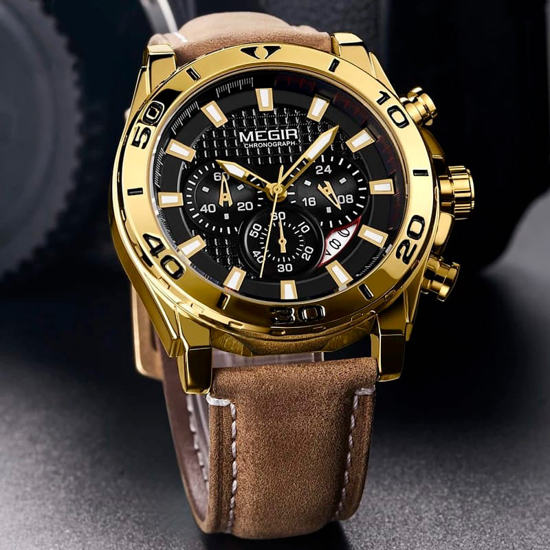 RELOJ MEGIR CUERO MARRÓN-DORADO MEG-28