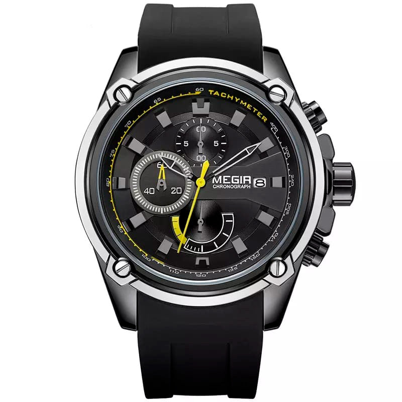 RELOJ MEGIR SILICONA NEGRO TACH AMARILLO MEG-10