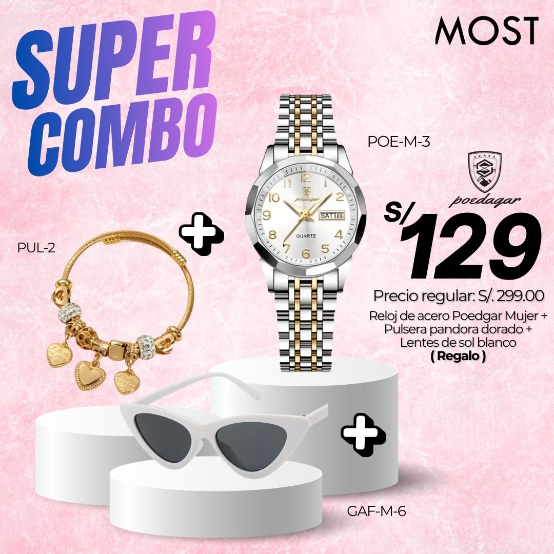Super Combo: Reloj Poedagar (POE-M-3) + Pulsera + Lentes de regalo