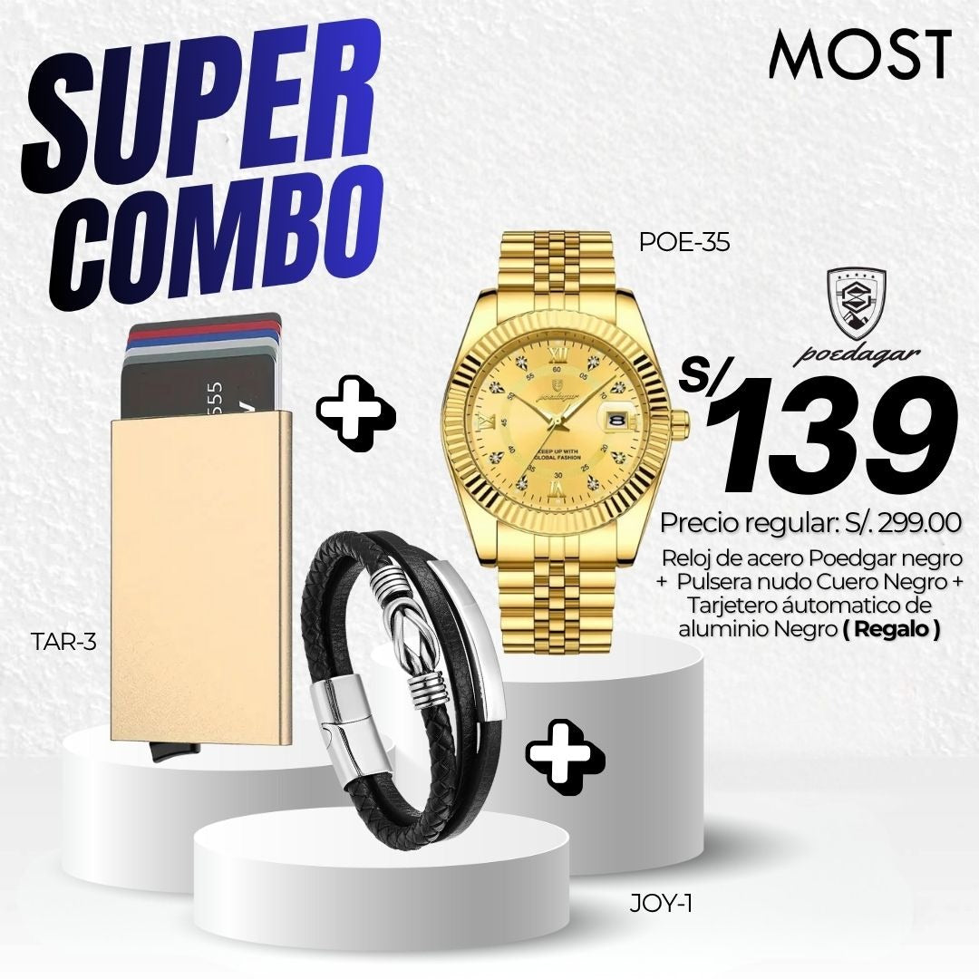 Super Combo: Reloj Poedagar (POE-35) + Pulsera + Tarjetero de Regalo