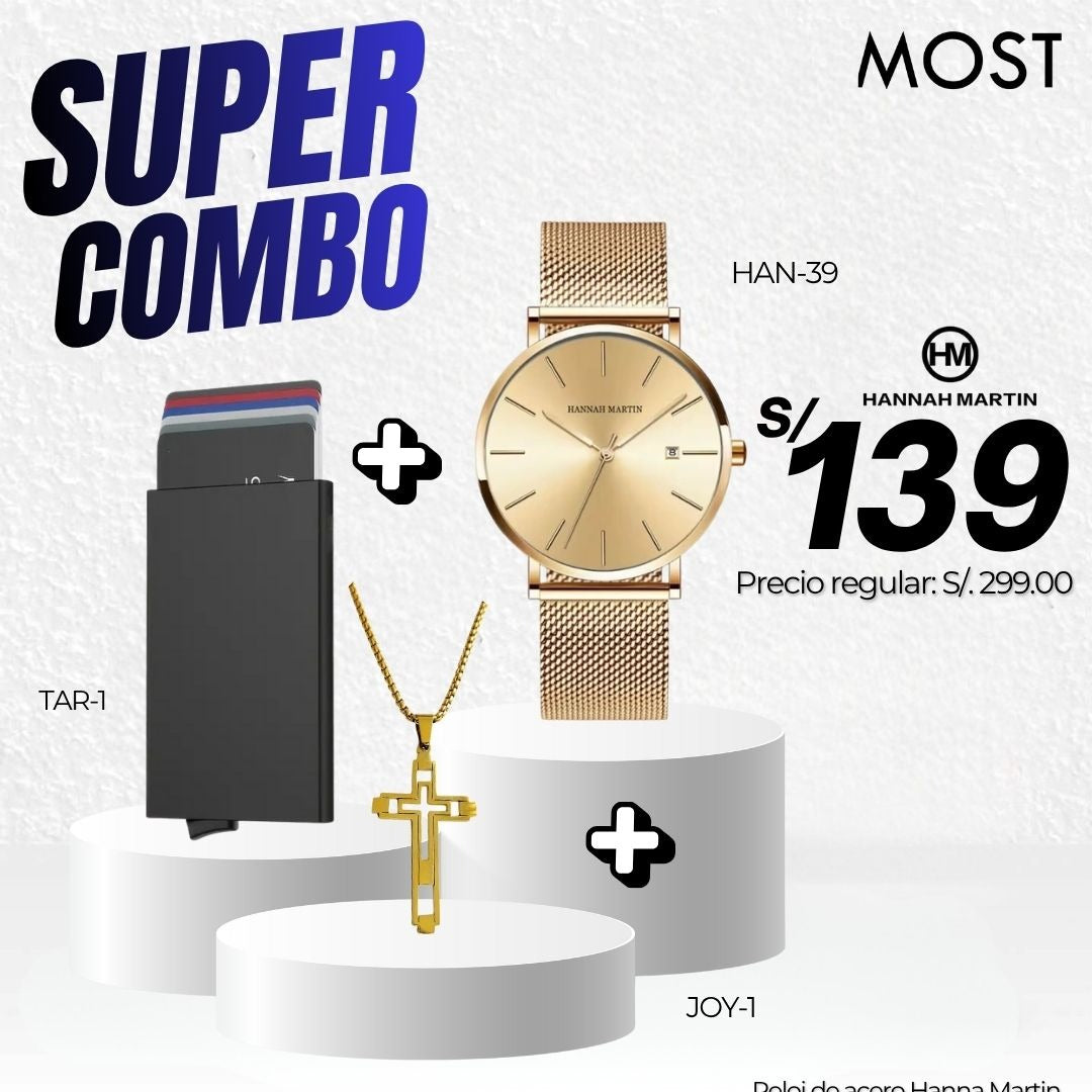 Super Combo: Reloj Hannah Martin (HAN-39) + Cadena + Tarjetero de Regalo