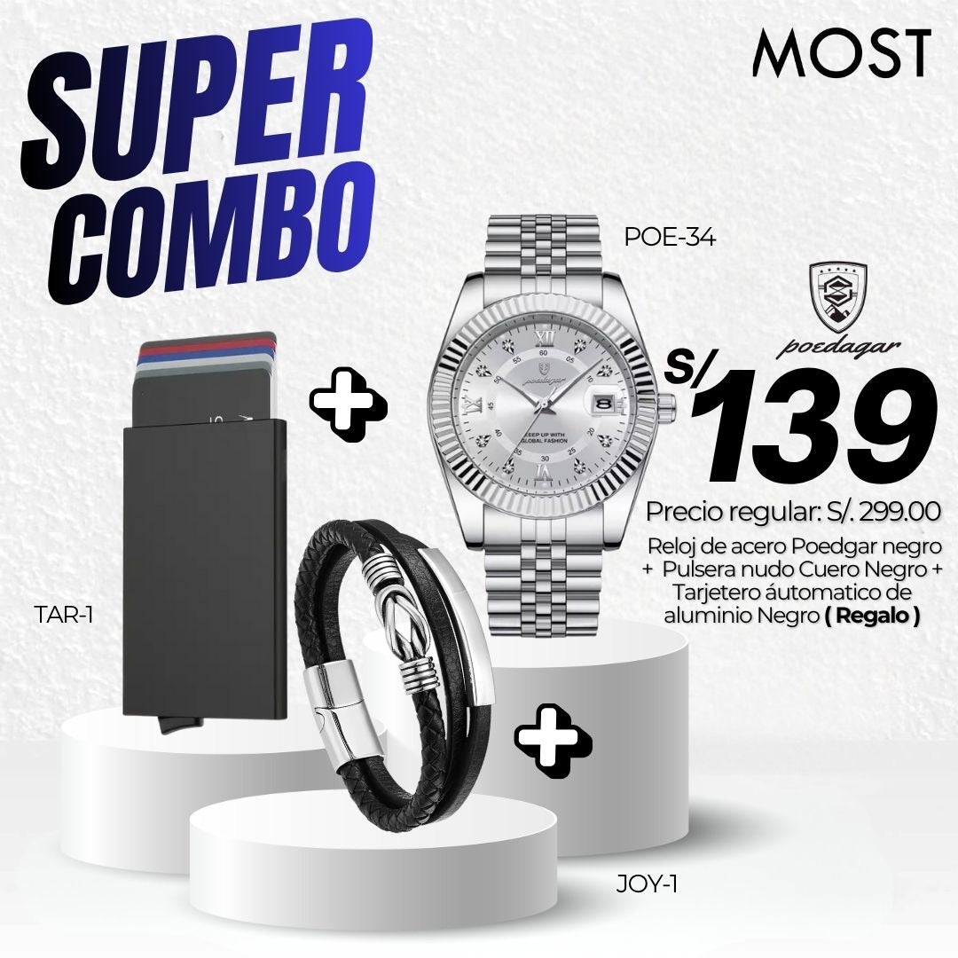 Super Combo: Reloj Poedagar (POE-34) + Pulsera + Tarjetero de Regalo
