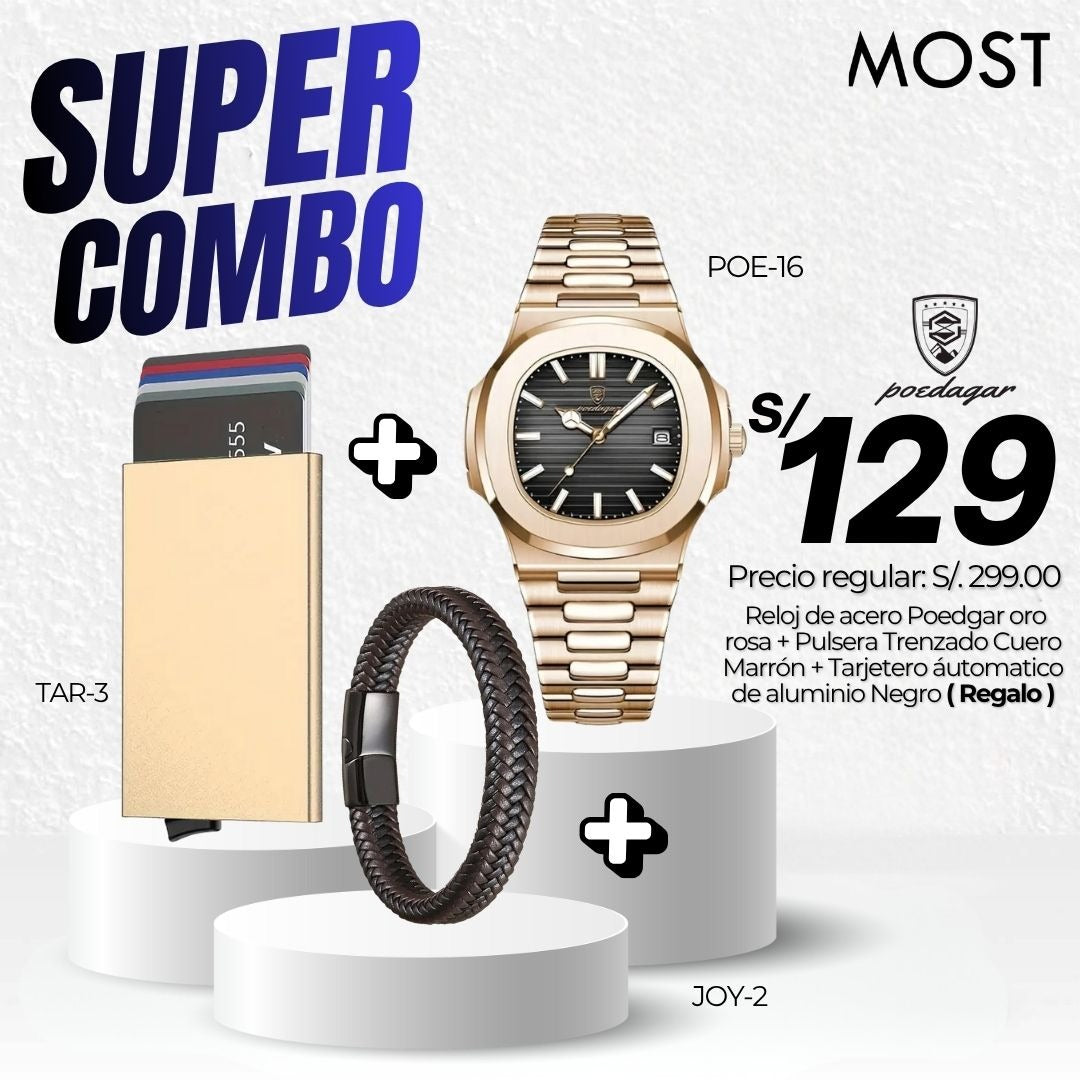 Super Combo: Reloj Poedagar (POE-16) + Pulsera + Tarjetero de Regalo