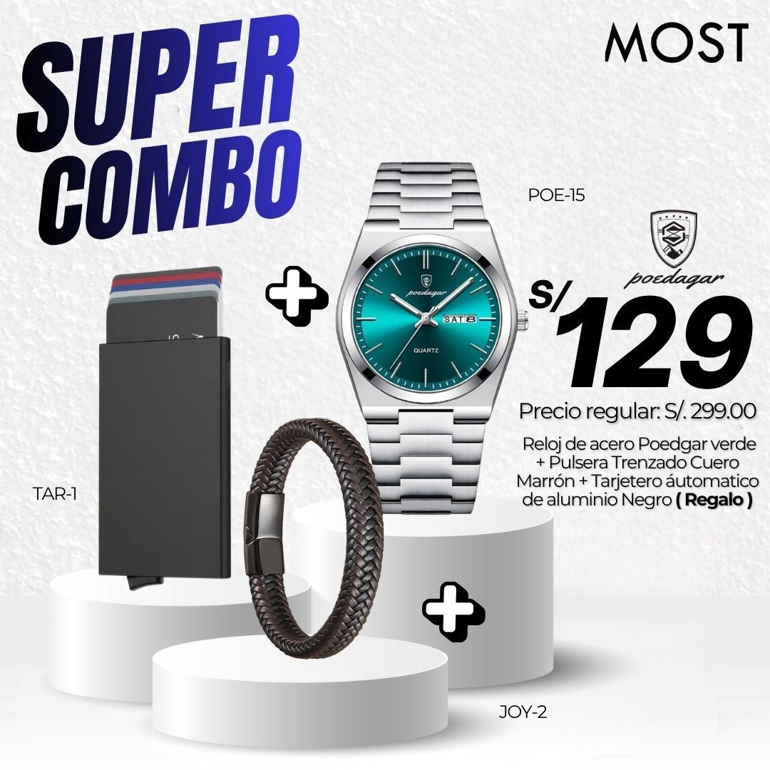 Super Combo: Reloj Poedagar (POE-15) + Pulsera + Tarjetero de Regalo