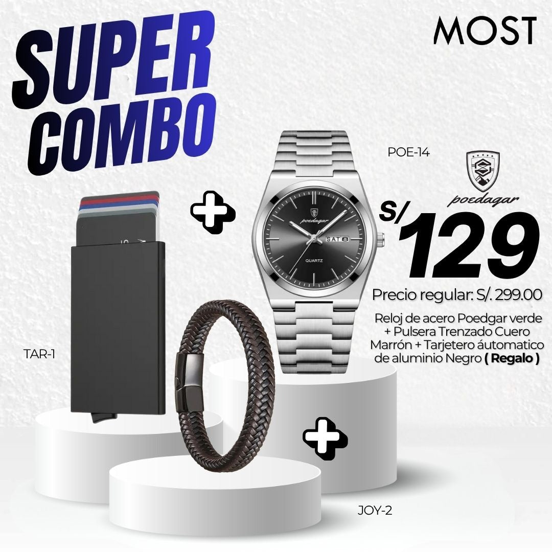 Super Combo: Reloj Poedagar (POE-14) + Pulsera + Tarjetero de Regalo