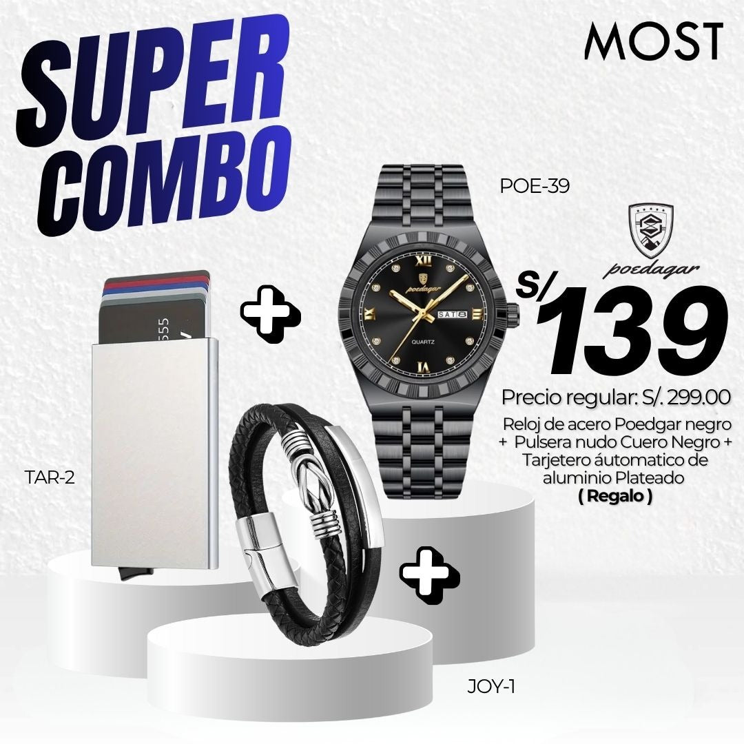 Super Combo: Reloj Poedagar (POE-39) + Pulsera + Tarjetero de Regalo