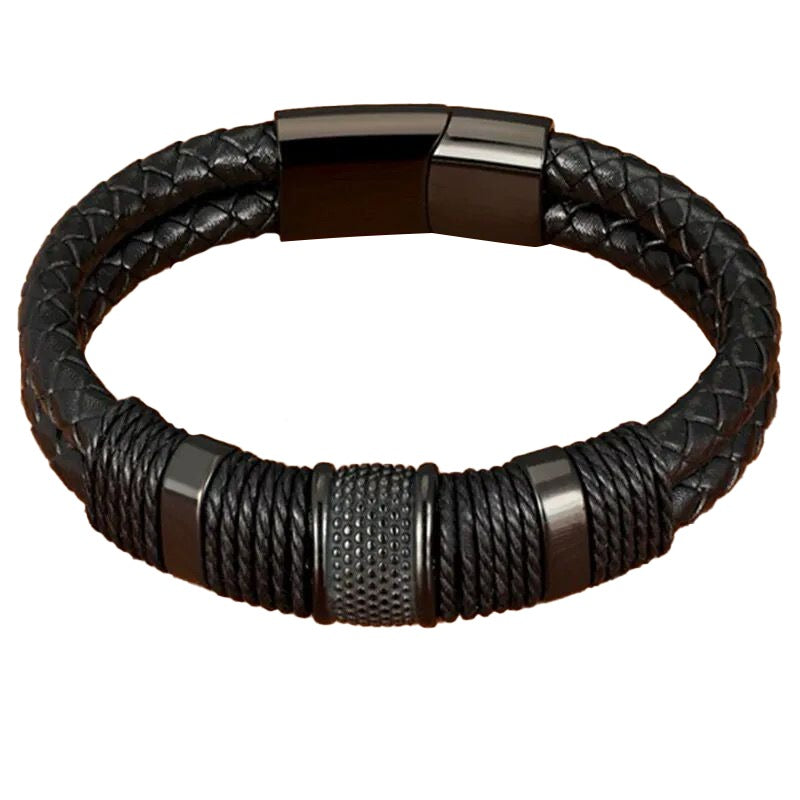 Pulsera Negra JOY-5 Hombre Cuero y Acero