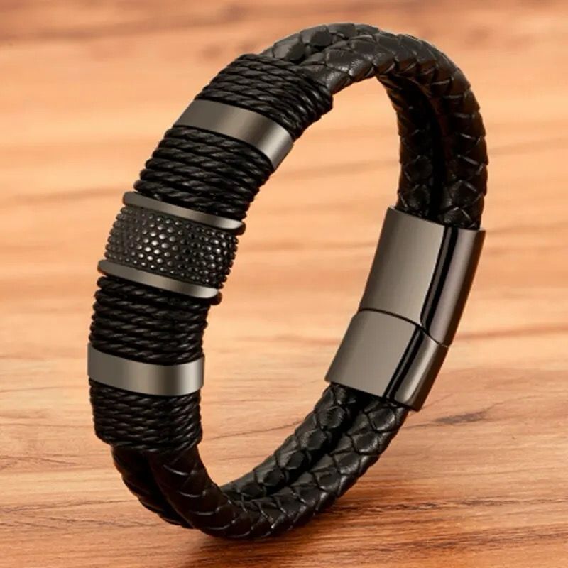 Pulsera Negra JOY-5 Hombre Cuero y Acero