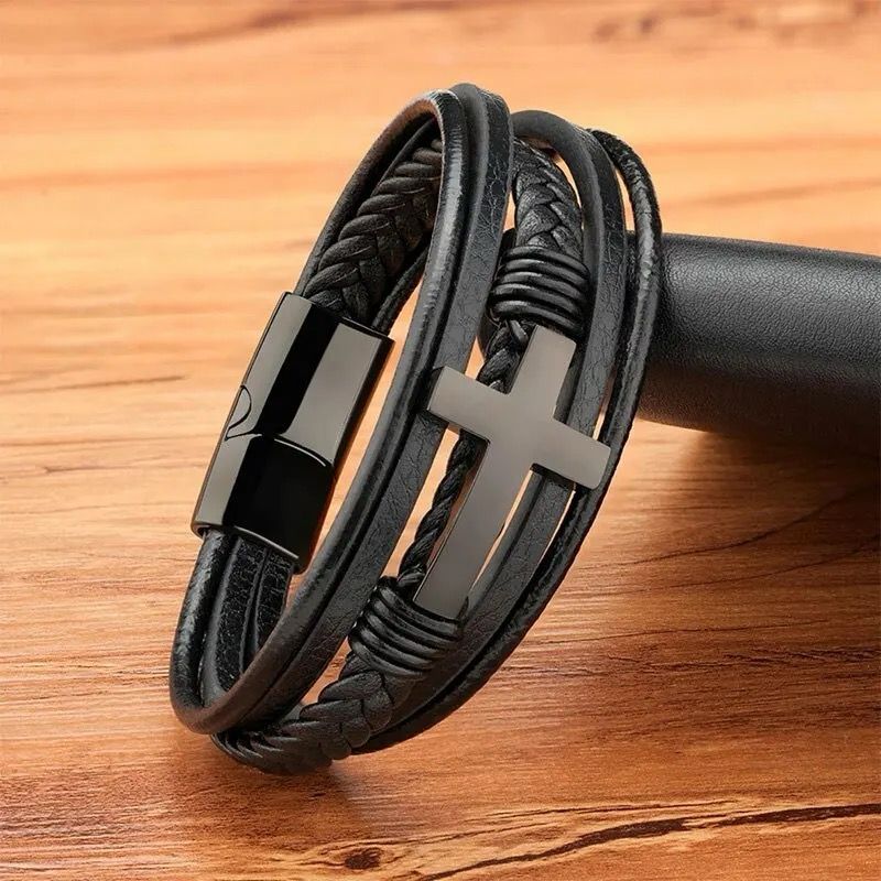 Pulsera Cruz JOY-7 Hombre Cuero Negro
