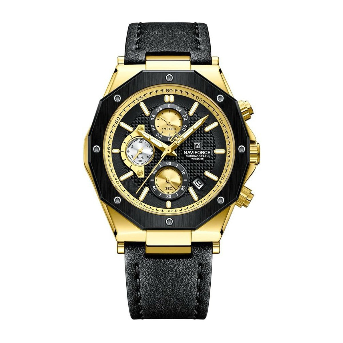 RELOJ NAVIFORCE CUERO NEGRO DORADO NAV-105