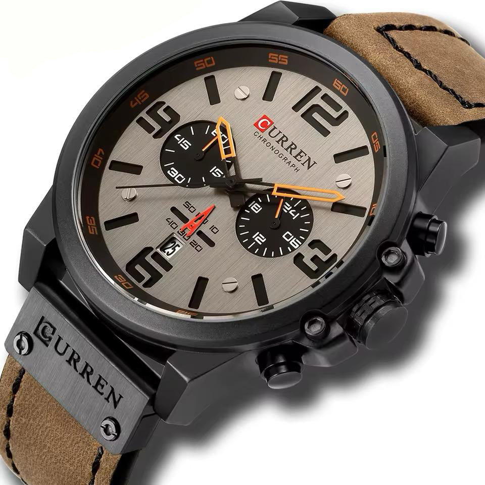 RELOJ CURREN ACERO GRIS Y CUERO MARRON CUR-13