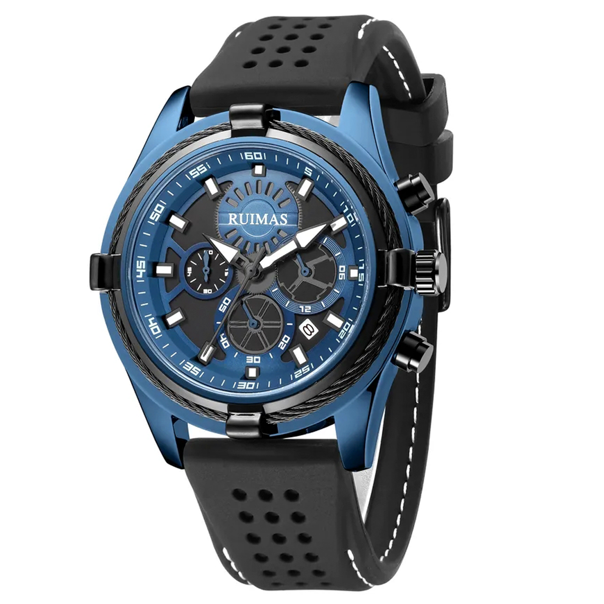 RELOJ RUIMAS NEGRO CON AZUL Y CORREA SILICONA RUI-40