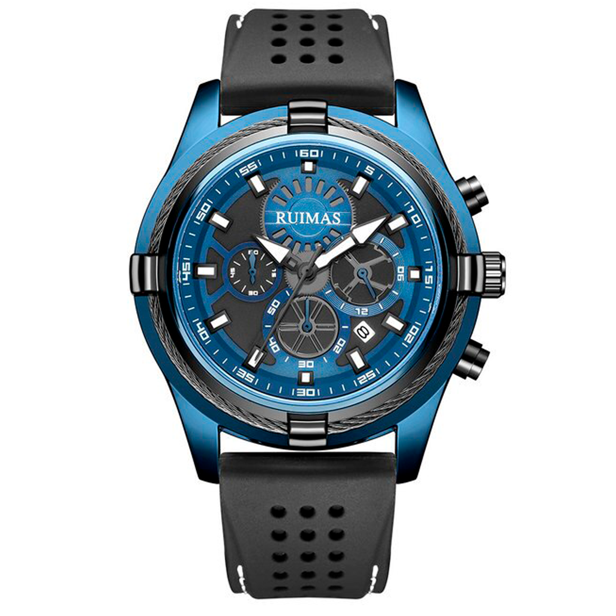 RELOJ RUIMAS NEGRO CON AZUL Y CORREA SILICONA RUI-40