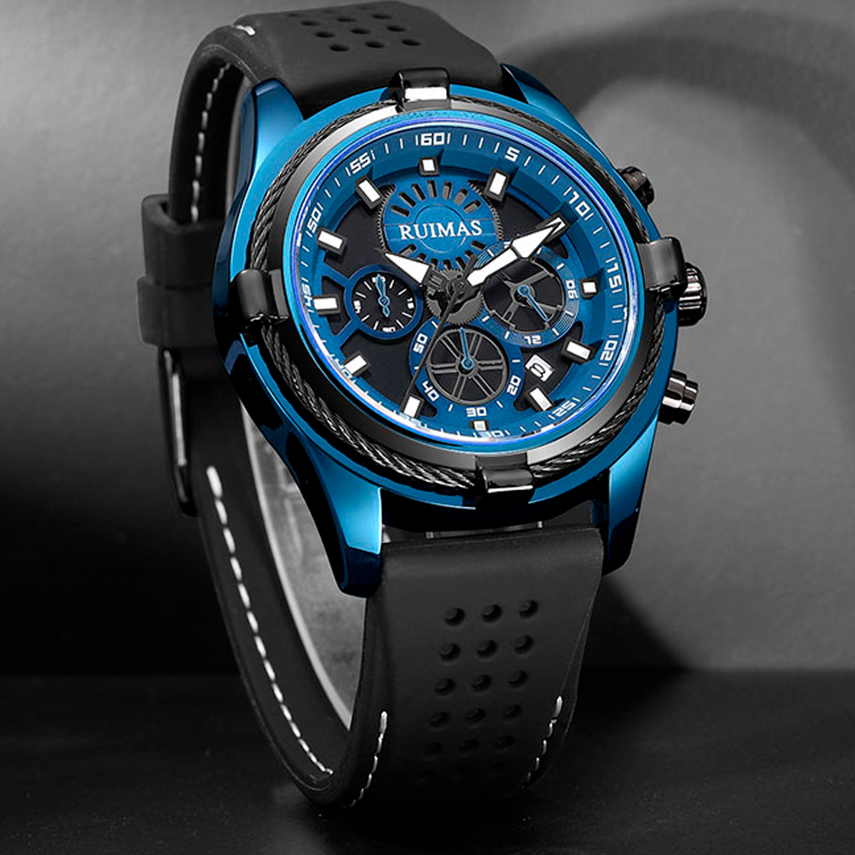 RELOJ RUIMAS NEGRO CON AZUL Y CORREA SILICONA RUI-40