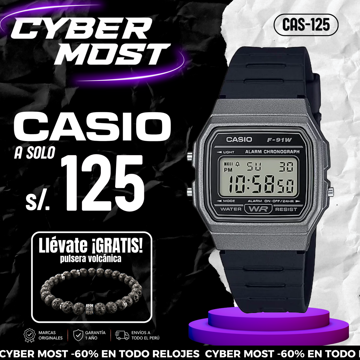 Reloj Casio Retro F-91WM-1BD Hombre Resina Negro