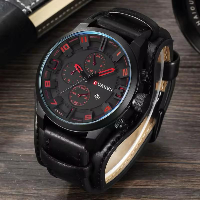 RELOJ CURREN NEGRO-ROJO DOBLE CORREA CUR-2