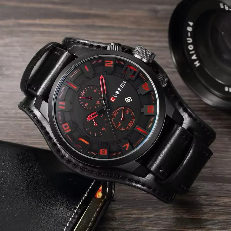 RELOJ CURREN NEGRO-ROJO DOBLE CORREA CUR-2