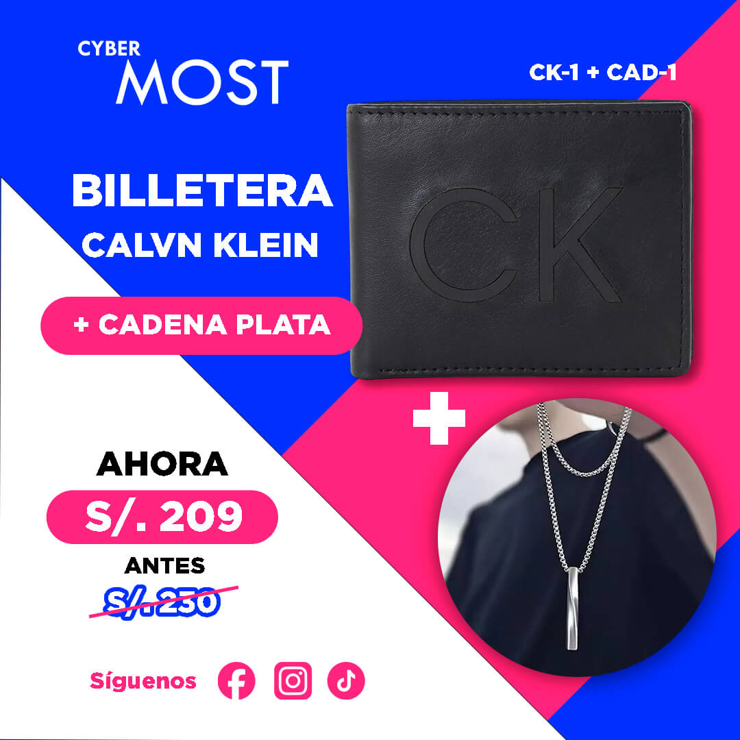 Combo Billetera Calvin Klein CK-1 + Cadena Plateado