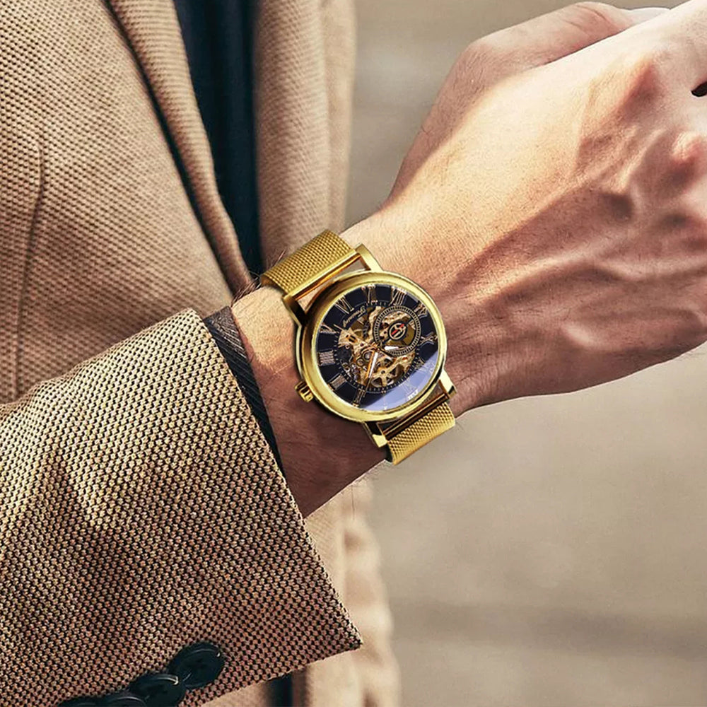 Reloj mecánico Forsining FOR-51 en dorado, acero inoxidable, estilo moderno para el hombre elegante.