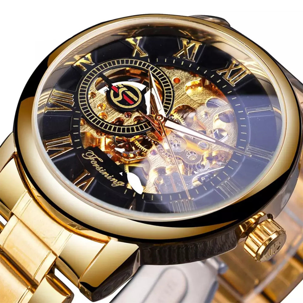 Reloj Forsining mecánico Gold FOR-51, estilo elegante en acero inoxidable, ideal para hombres modernos.