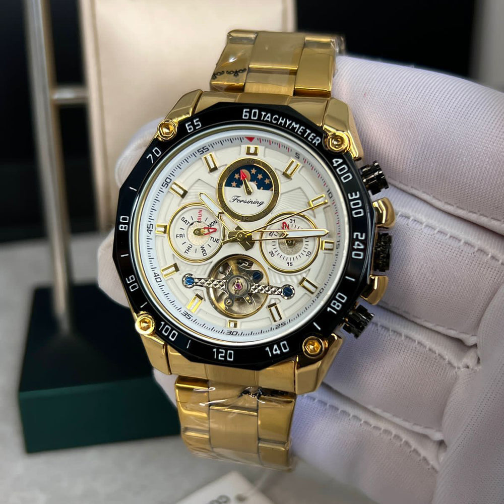 Reloj Forsining Tourbillon Gold FOR-53, elegante diseño en acero inoxidable, ideal para el hombre moderno.