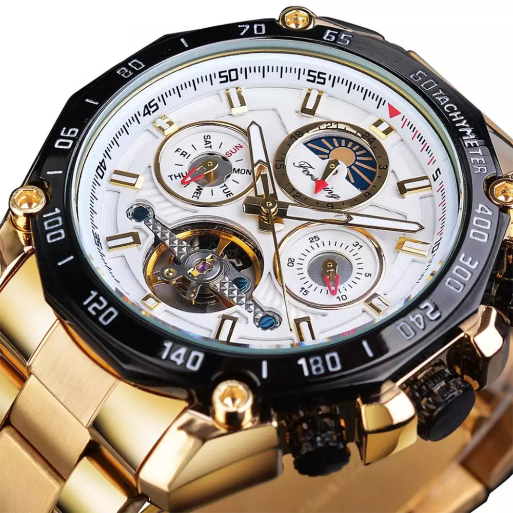 Reloj Forsining Tourbillon Gold FOR-53, automático y elegante, ideal para el hombre moderno en acero inoxidable.