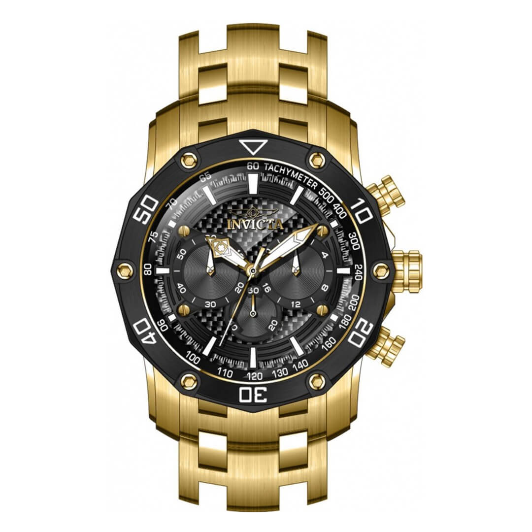 Esfera negra frontal del Invicta Pro Diver 37725 con caja y brazalete dorados