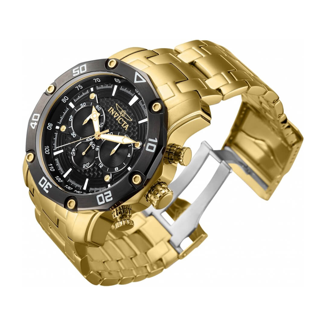 Invicta Pro Diver 37725 de acero dorado, vista lateral y cierre desplegable