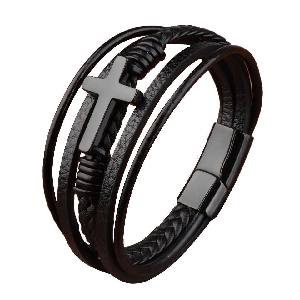 Pulsera Cruz JOY-7 Hombre Cuero Negro