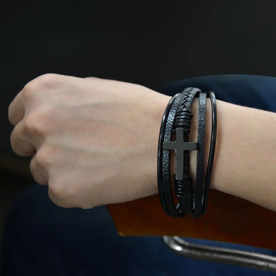 Pulsera Cruz JOY-7 Hombre Cuero Negro
