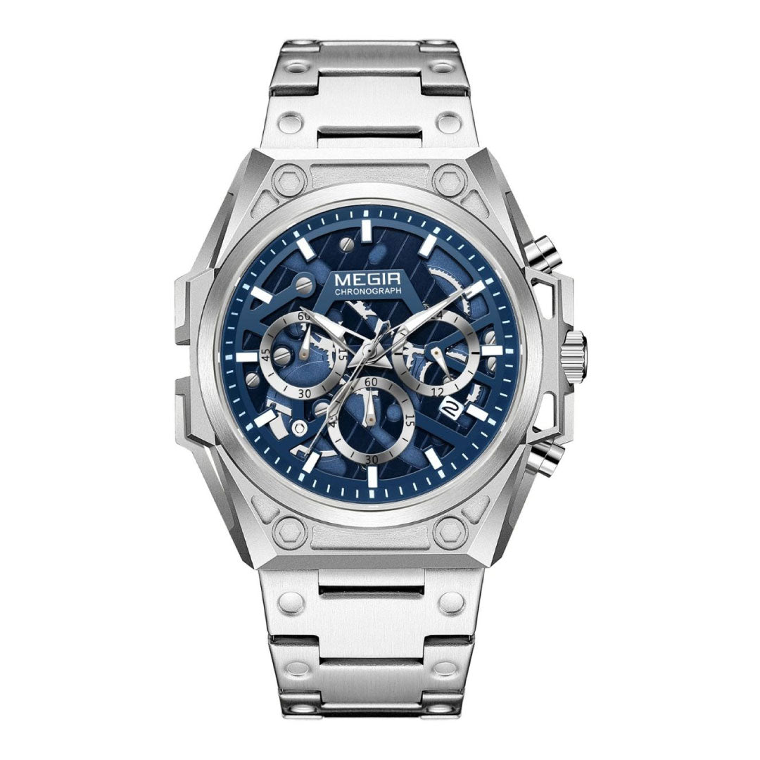 RELOJ MEGIR ACERO PLATA AZUL MEG-56