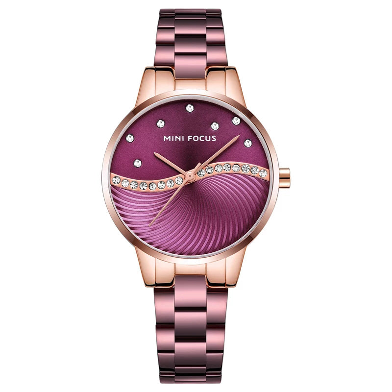 Reloj Minifocus MIN-M-5 para mujer, esfera guinda y brazalete metálico en vista frontal