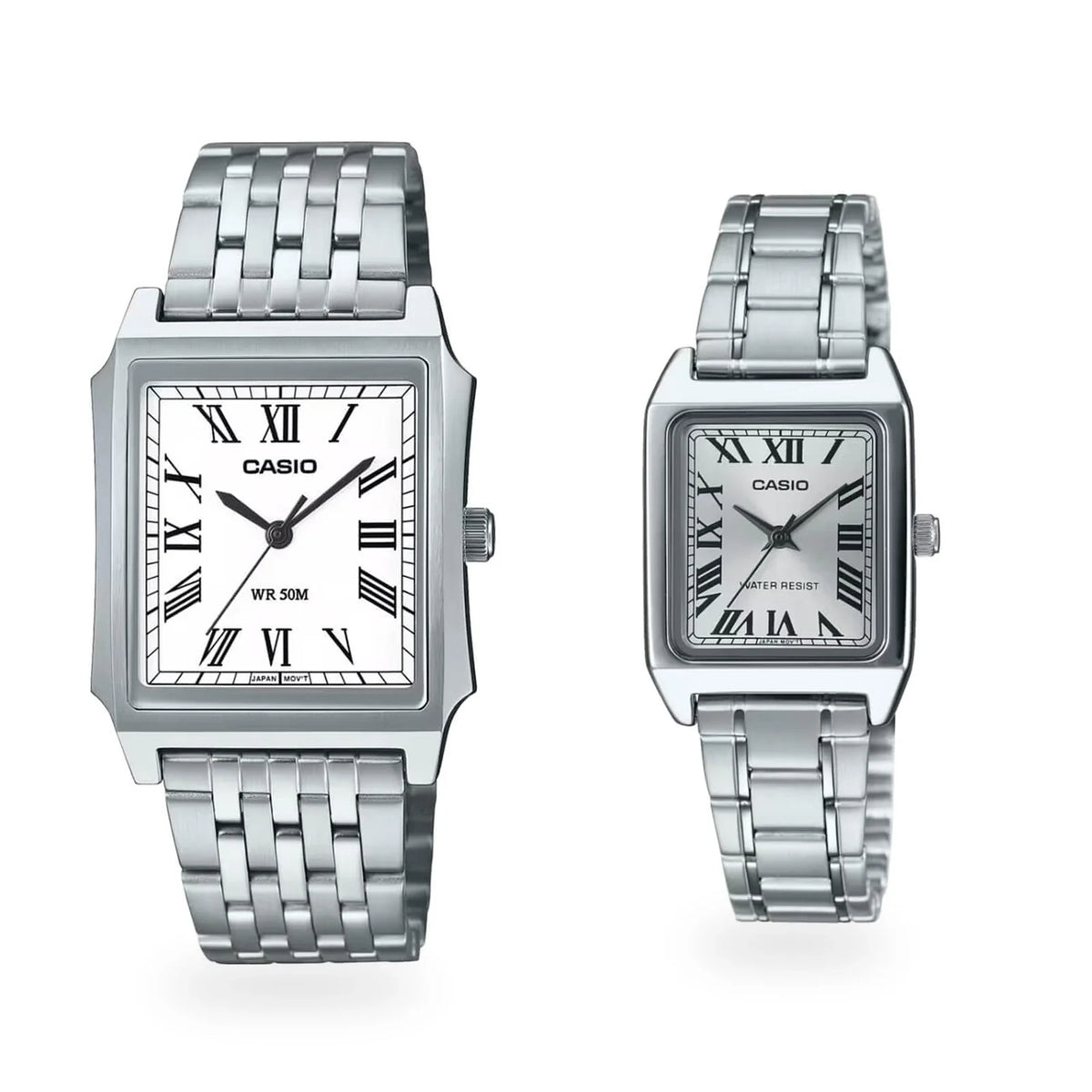 Relojes de pareja PAR-1, modelo hombre izquierda mujer derecha, fondo blanco