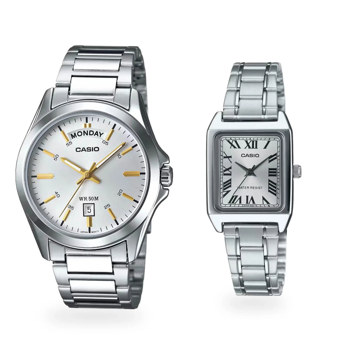 Relojes Casio para pareja MTP-1370D-7A y LTP-V007D-7B, foto frontal blanca