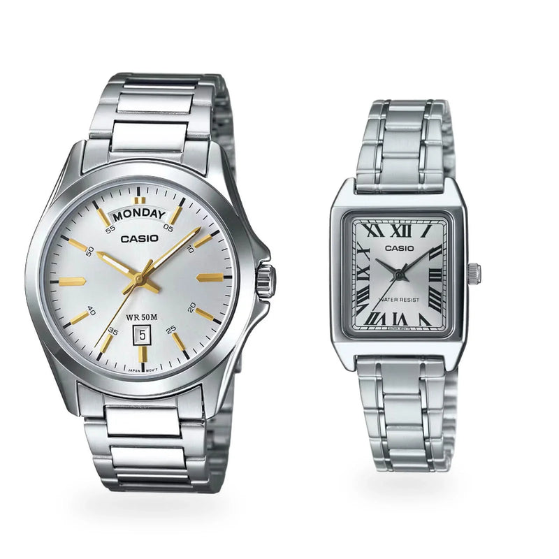 Relojes Casio para pareja MTP-1370D-7A y LTP-V007D-7B, foto frontal blanca