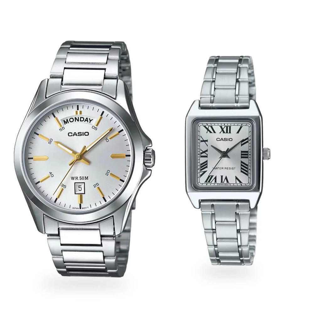 Relojes Casio para pareja MTP-1370D-7A y LTP-V007D-7B, foto frontal blanca
