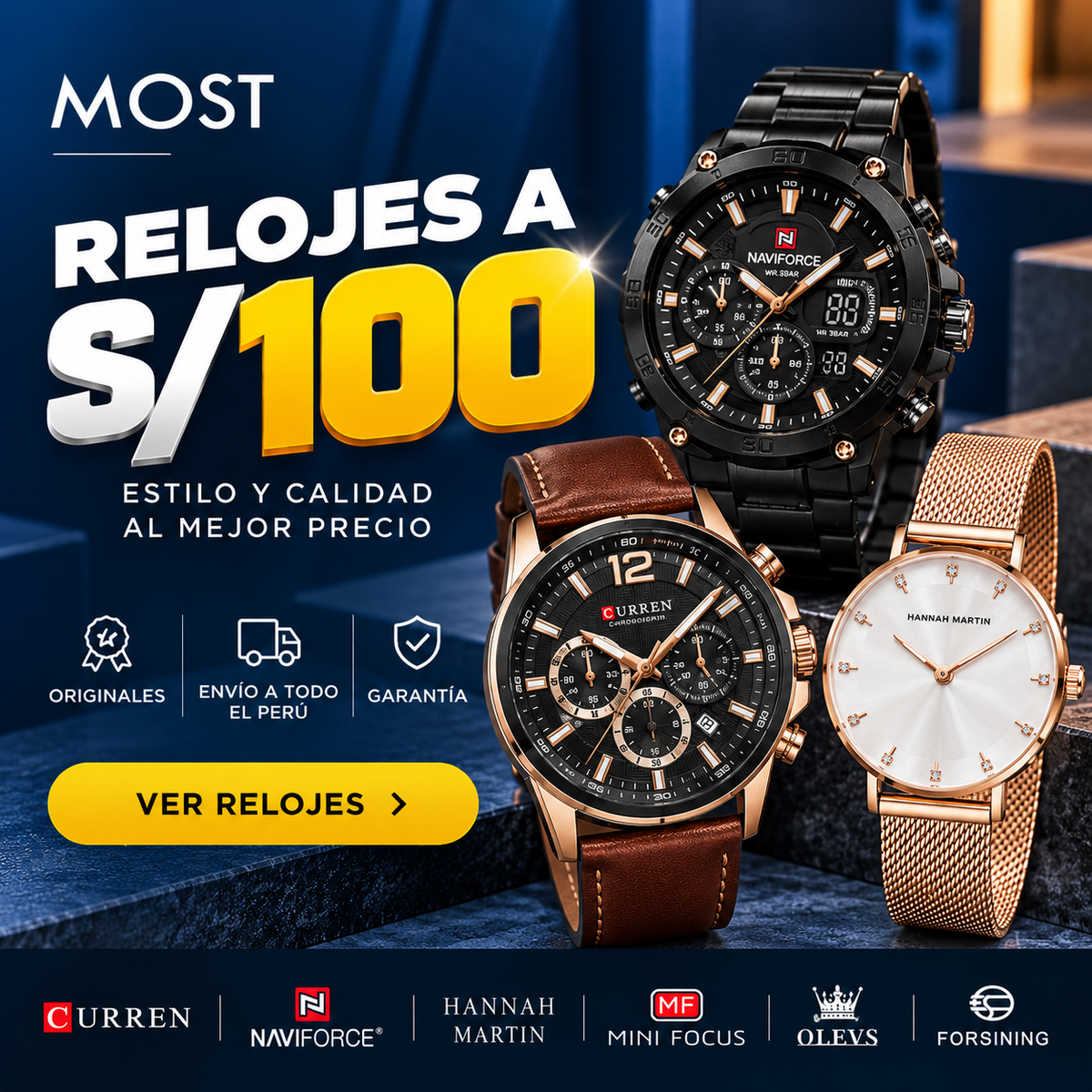 MOST relojes a S/100, Curren, Naviforce y Hannah Martin