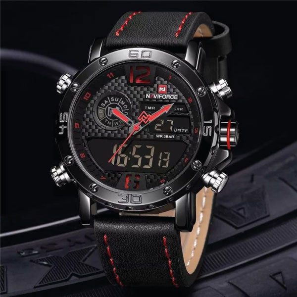 RELOJ NAVIFORCE CUERO NEGRO-ROJO NAV-36