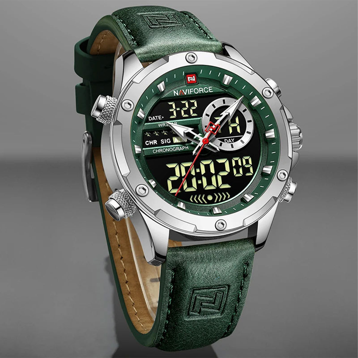 RELOJ NAVIFORCE CUERO VERDE CON PLATEADO NAV-87