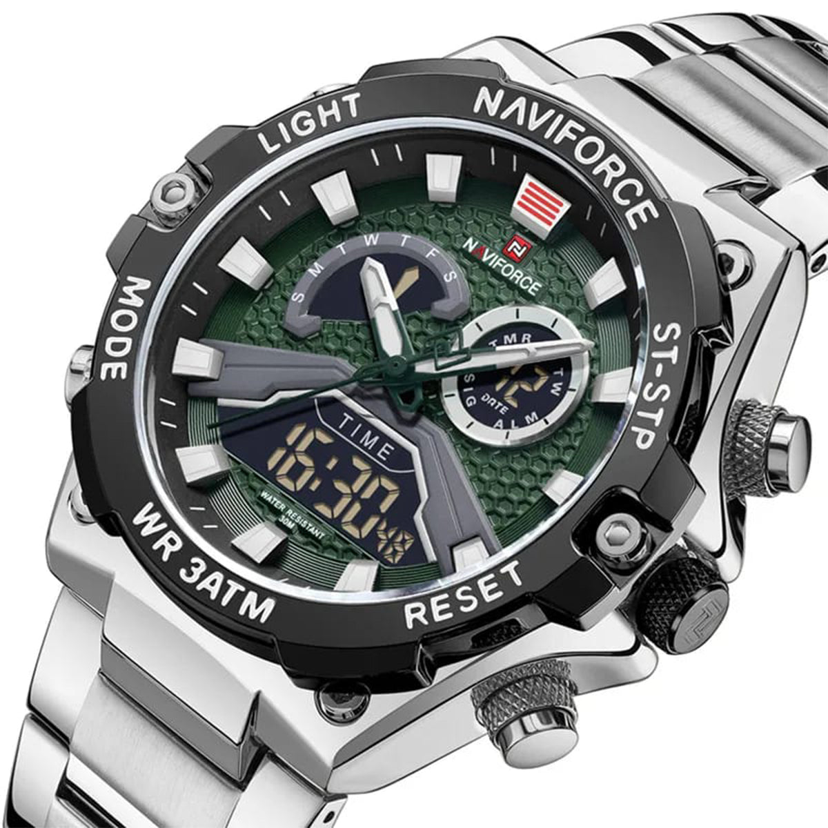 RELOJ NAVIFORCE ACERO PLATEADO CON VERDE NAV-89