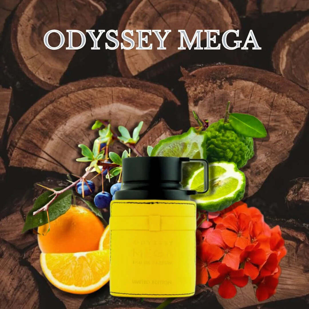 Fragancia ODYSSEY MEGA de Armaf con notas frutales y amaderadas sobre fondo de madera.
