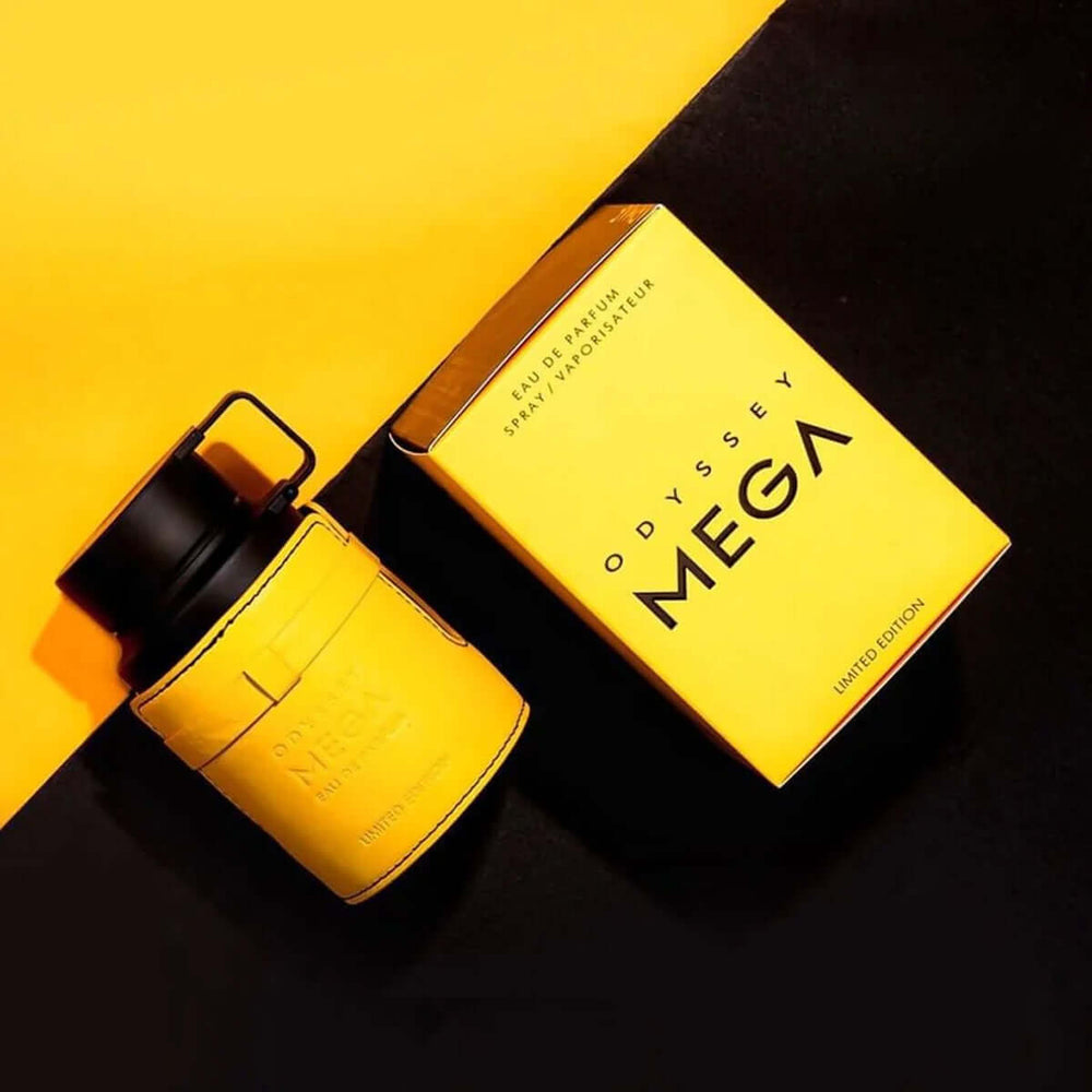 Frasco de perfume Odyssey Mega Armaf 100ml con caja amarilla, edición limitada sobre fondo negro.
