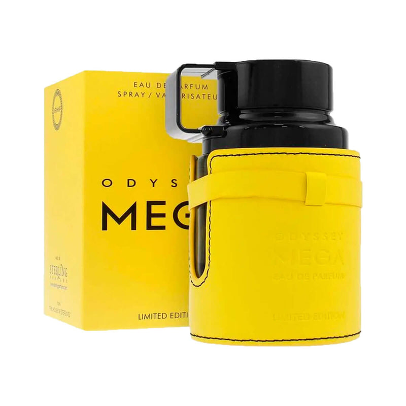 Perfume ODYSSEY MEGA ARMAF de 100ml en frasco amarillo con caja, edición limitada para hombres.