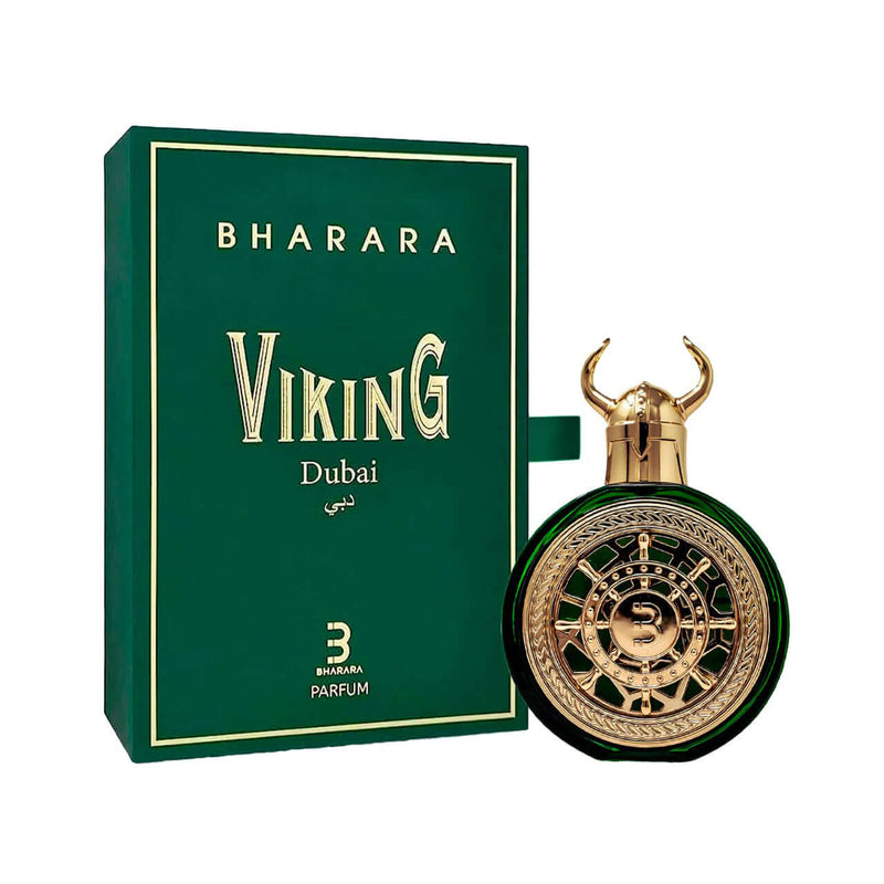 Perfume BHARARA VIKING DUBAI EDP 100ML con caja verde y diseño elegante, fragancia sofisticada.