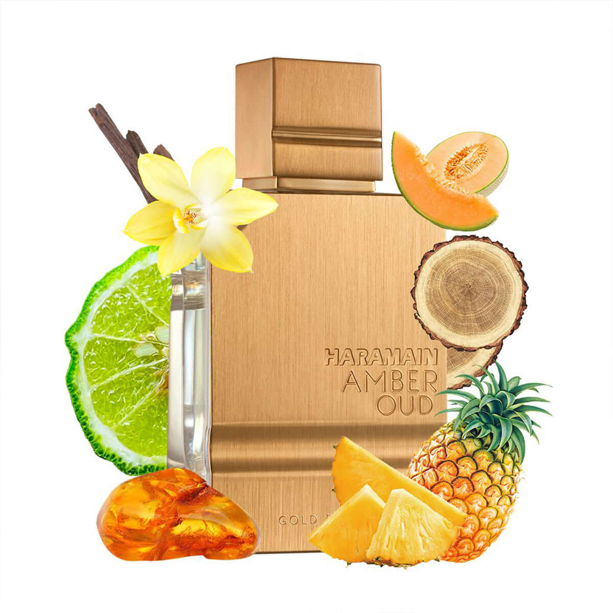 Perfume Amber Oud Gold Edition unisex con aroma dulce y afrutado.