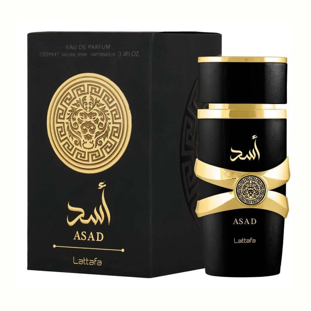 Lattafa Asad Eau de Parfum 100ml con notas de pimienta negra, tabaco y vainilla.