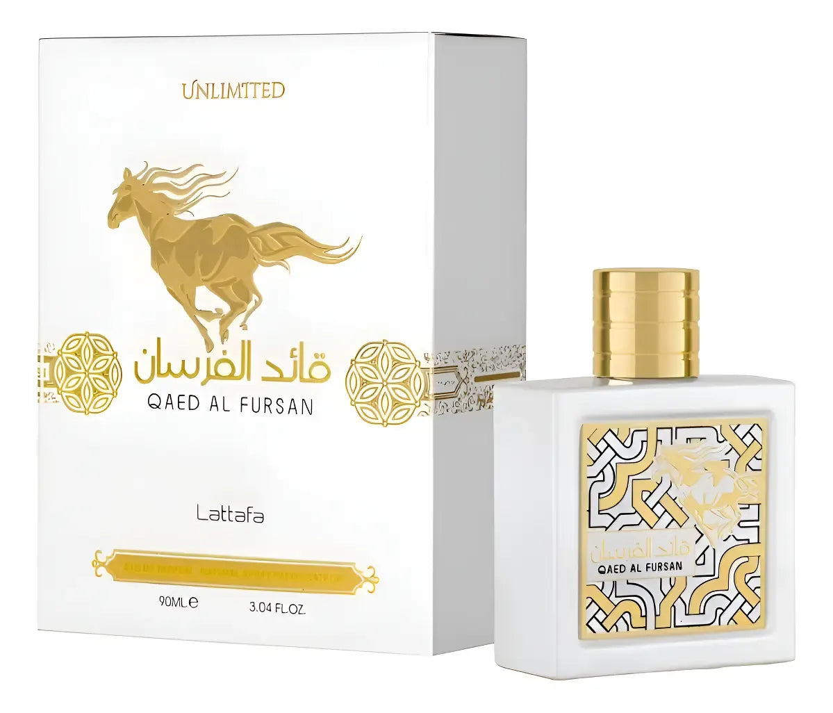 Lattafa Qaed Al Fursan Unlimited Eau de Parfum 90ml con notas de coco, piña y vainilla.