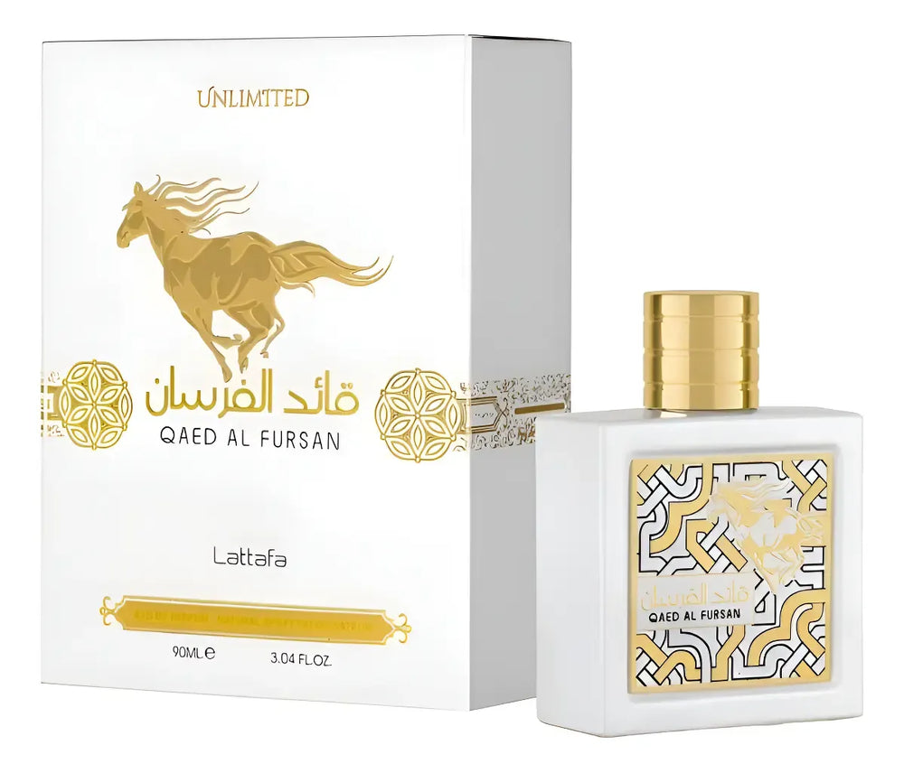 Lattafa Qaed Al Fursan Unlimited Eau de Parfum 90ml con notas de coco, piña y vainilla.
