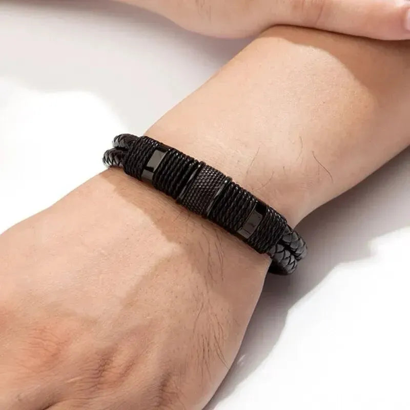 Pulsera Negra JOY-5 Hombre Cuero y Acero | JOY-5